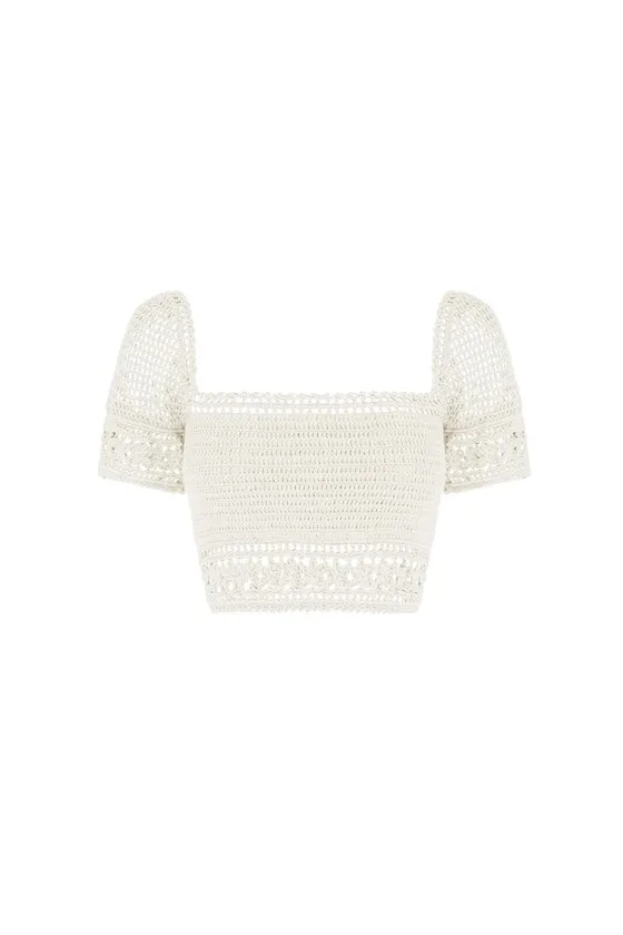 She Made Me Rose Cotton Crochet Crop Bikini Top, Ivory